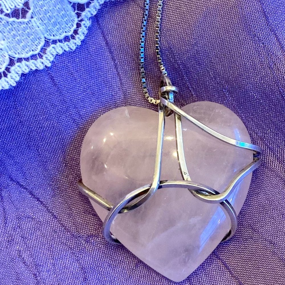 Pink Rose Quartz & Silver Heart Pendant Necklace